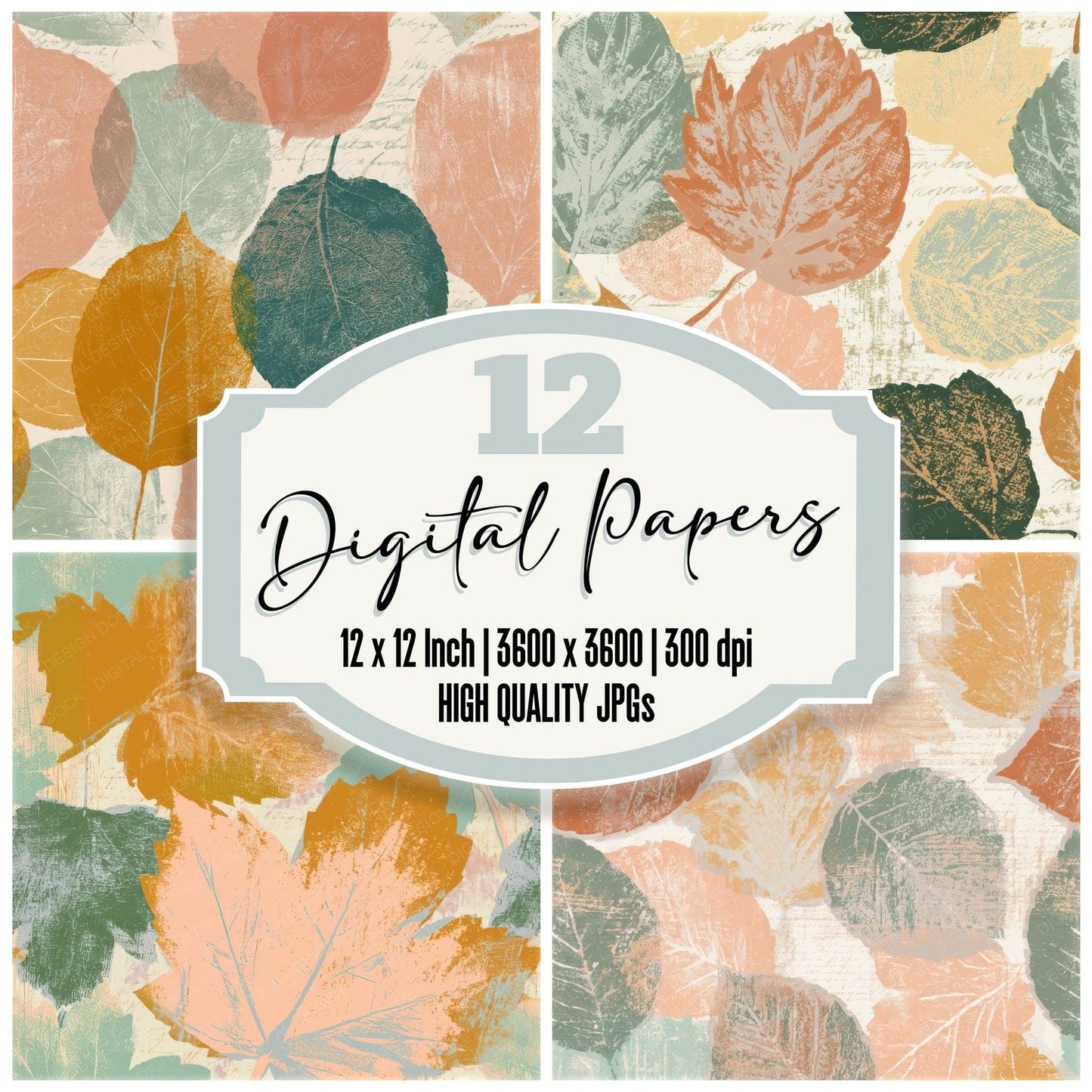 Screenprint Autumn Leaves Peach Mint Seamless Digital Paper Pack (DDD013333)