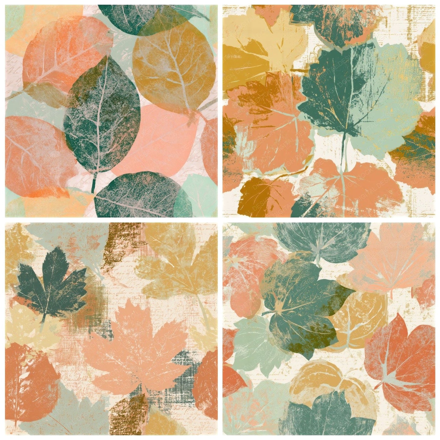 Screenprint Autumn Leaves Peach Mint Seamless Digital Paper Pack (DDD013333)