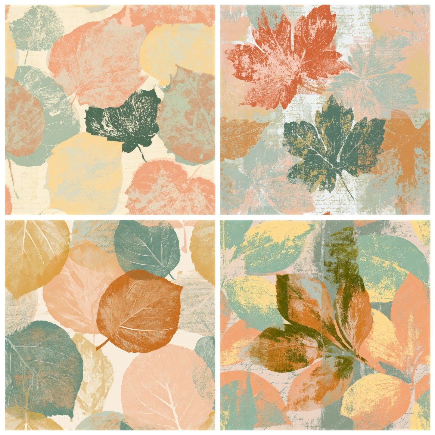 Screenprint Autumn Leaves Peach Mint Seamless Digital Paper Pack (DDD013333)