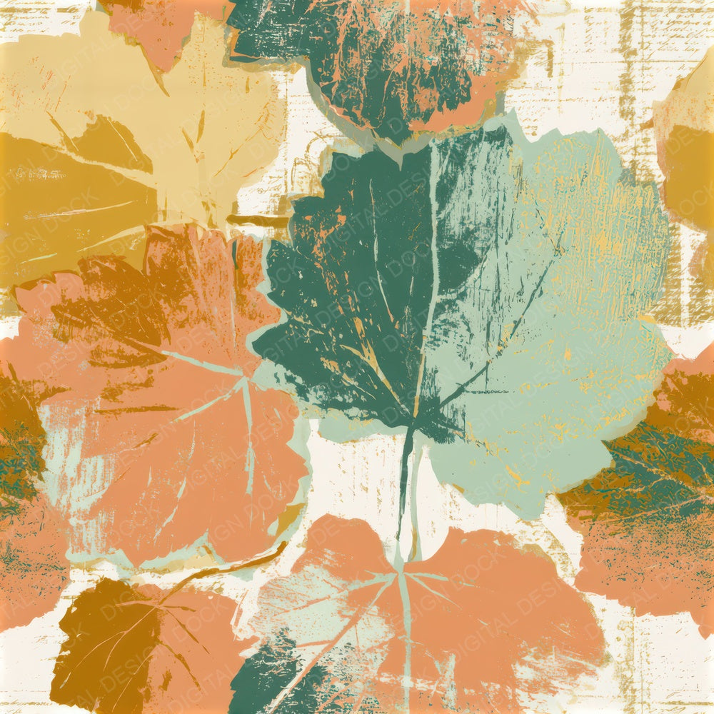 Screenprint Autumn Leaves Peach Mint Seamless Digital Paper Pack (DDD013333)