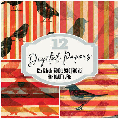 Woodblock Jay Candy Stripe Mustard digital paper pack cover showing four of the 12 papers