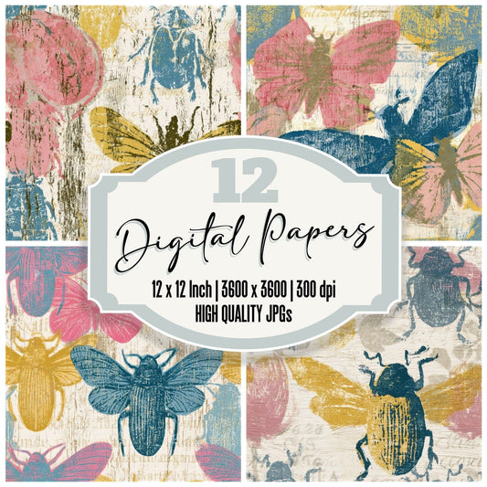 Woodcut Beetles Pink Blue Seamless Digital Paper Pack (DDD013335)