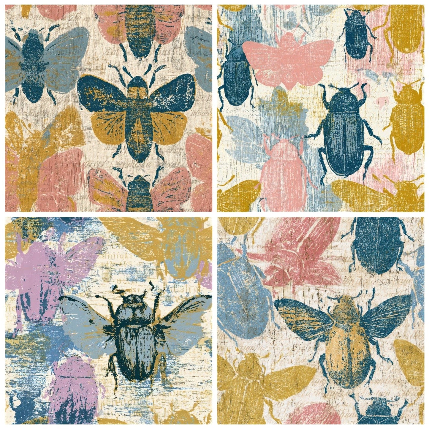 Woodcut Beetles Pink Blue Seamless Digital Paper Pack (DDD013335)