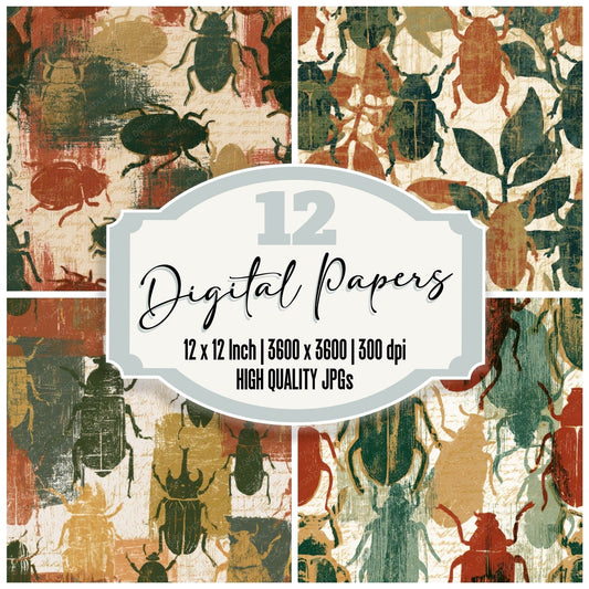 Woodcut Beetles Rust Moss Ivory Digital Paper Pack (DDD013336)