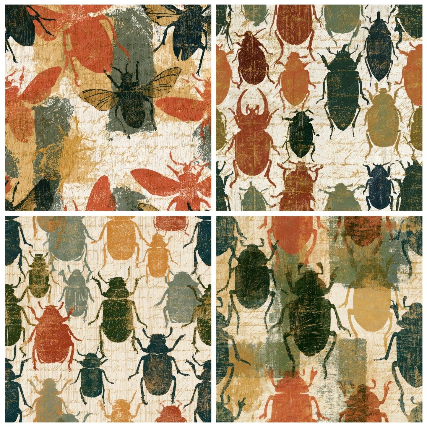Woodcut Beetles Rust Moss Ivory Digital Paper Pack (DDD013336)