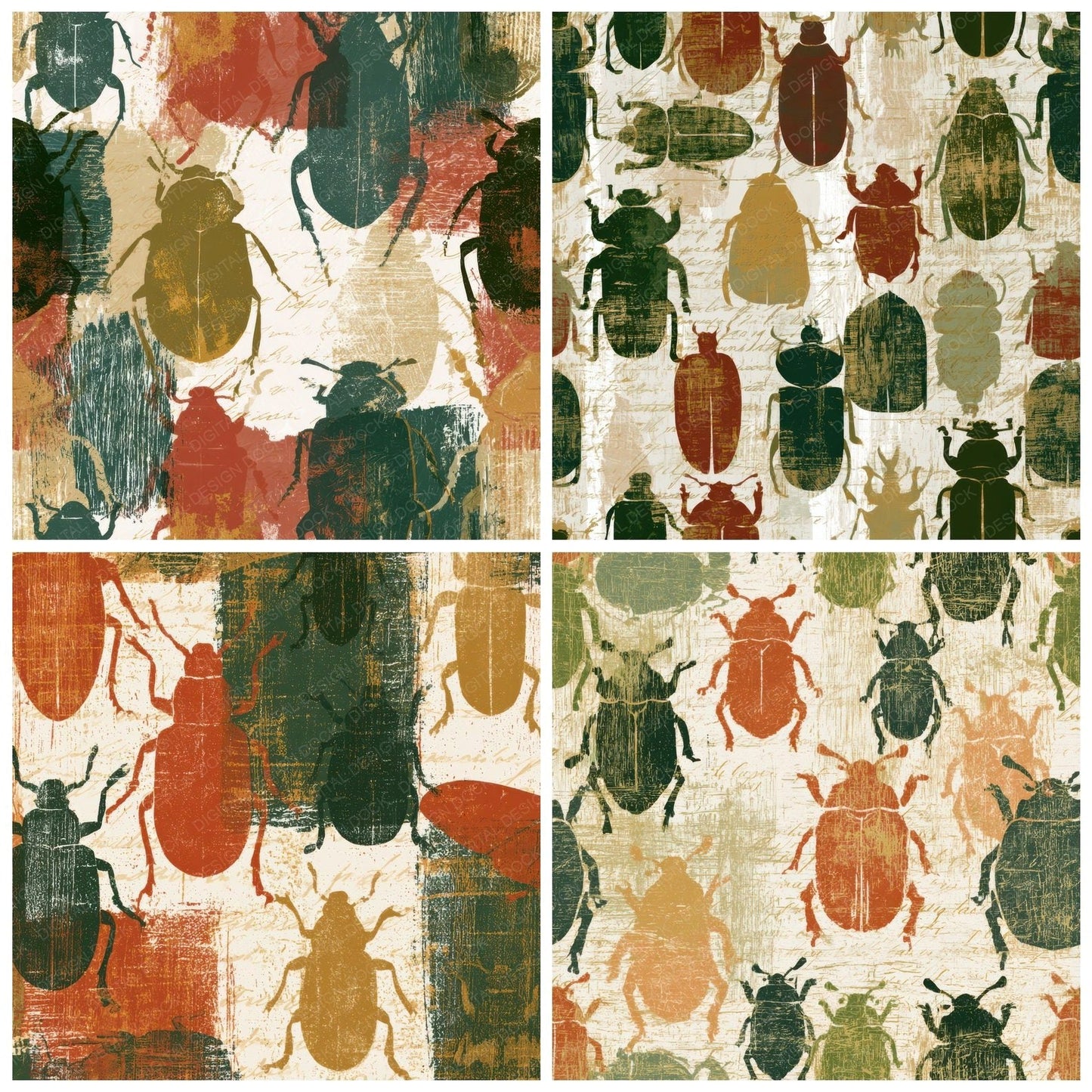 Woodcut Beetles Rust Moss Ivory Digital Paper Pack (DDD013336)
