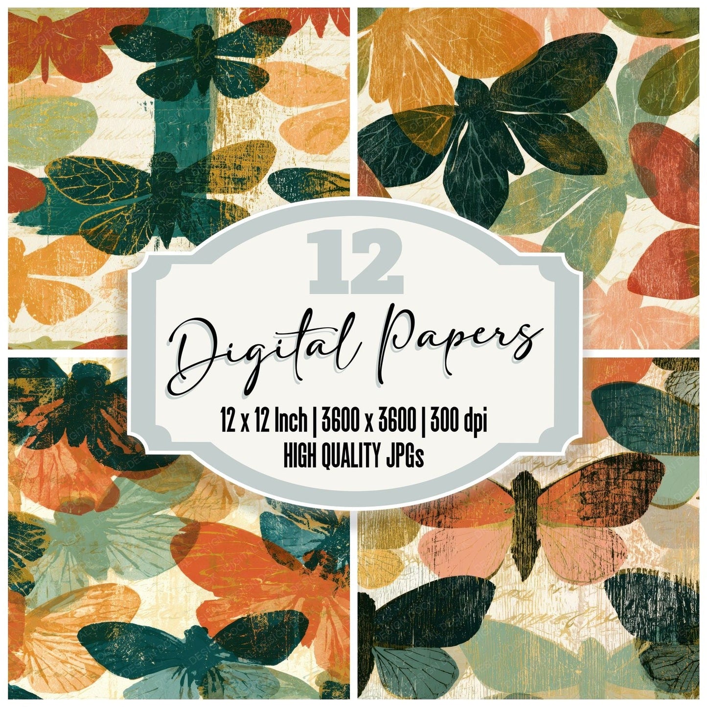 Woodcut Cicadas Apricot Pistachio Digital Paper Pack (DDD013337)