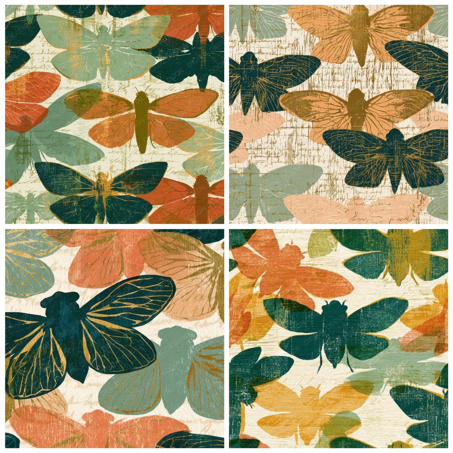 Woodcut Cicadas Apricot Pistachio Digital Paper Pack (DDD013337)