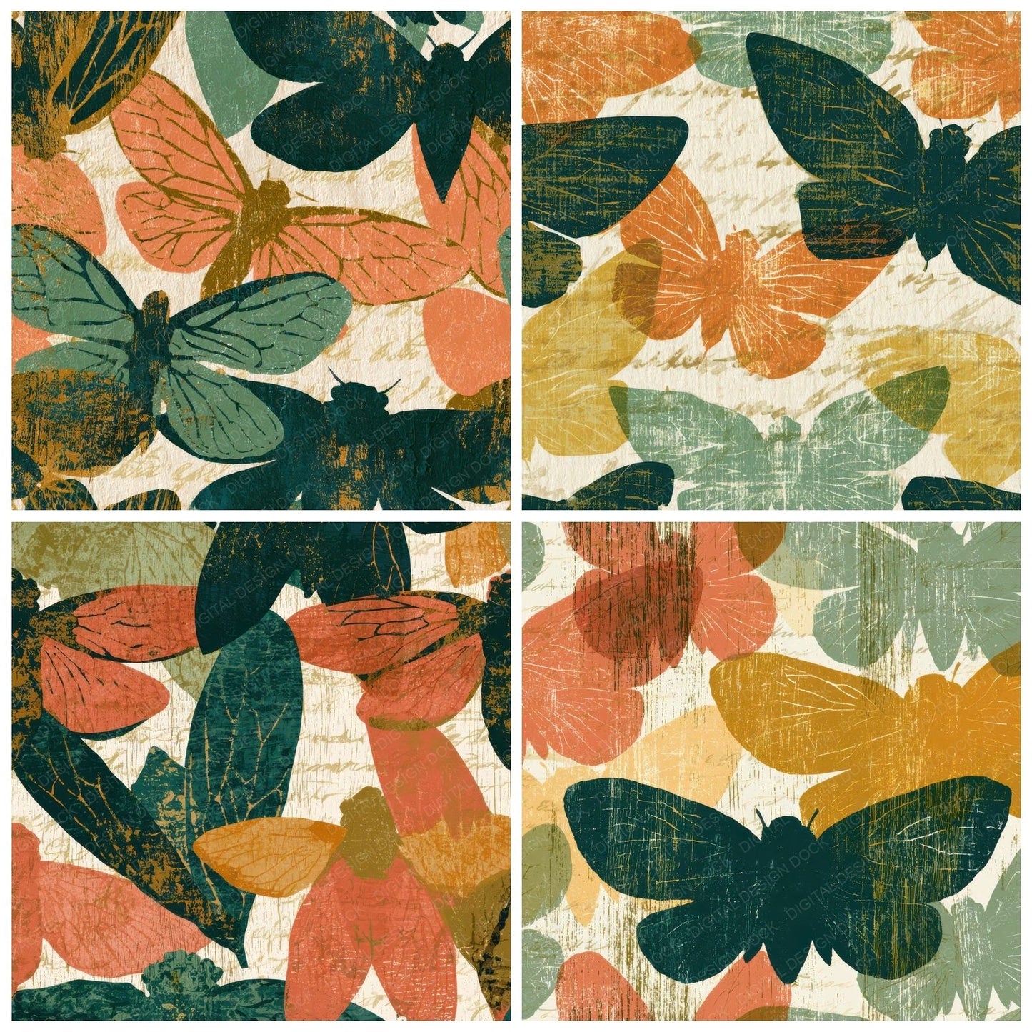 Woodcut Cicadas Apricot Pistachio Digital Paper Pack (DDD013337)