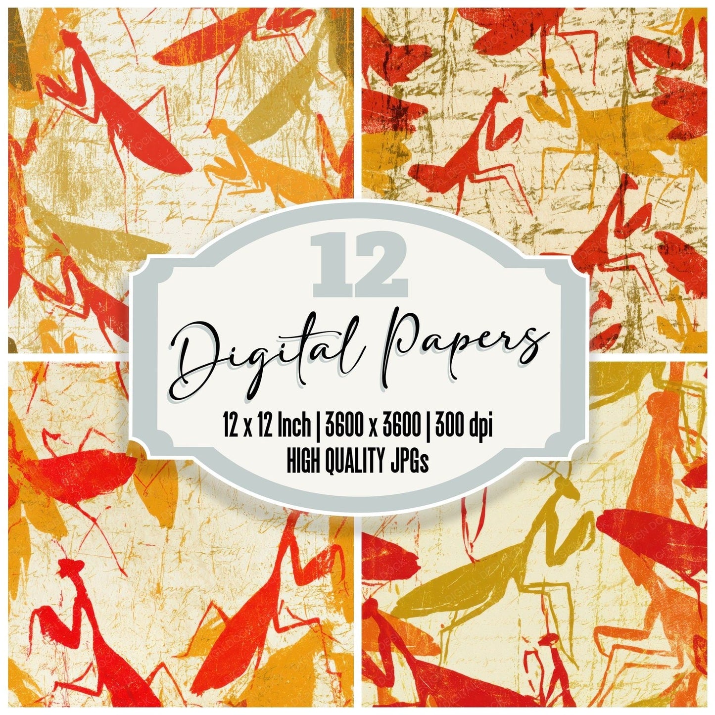 Woodcut Praying Mantis Lollipop Red Digital Paper Pack (DDD013339)