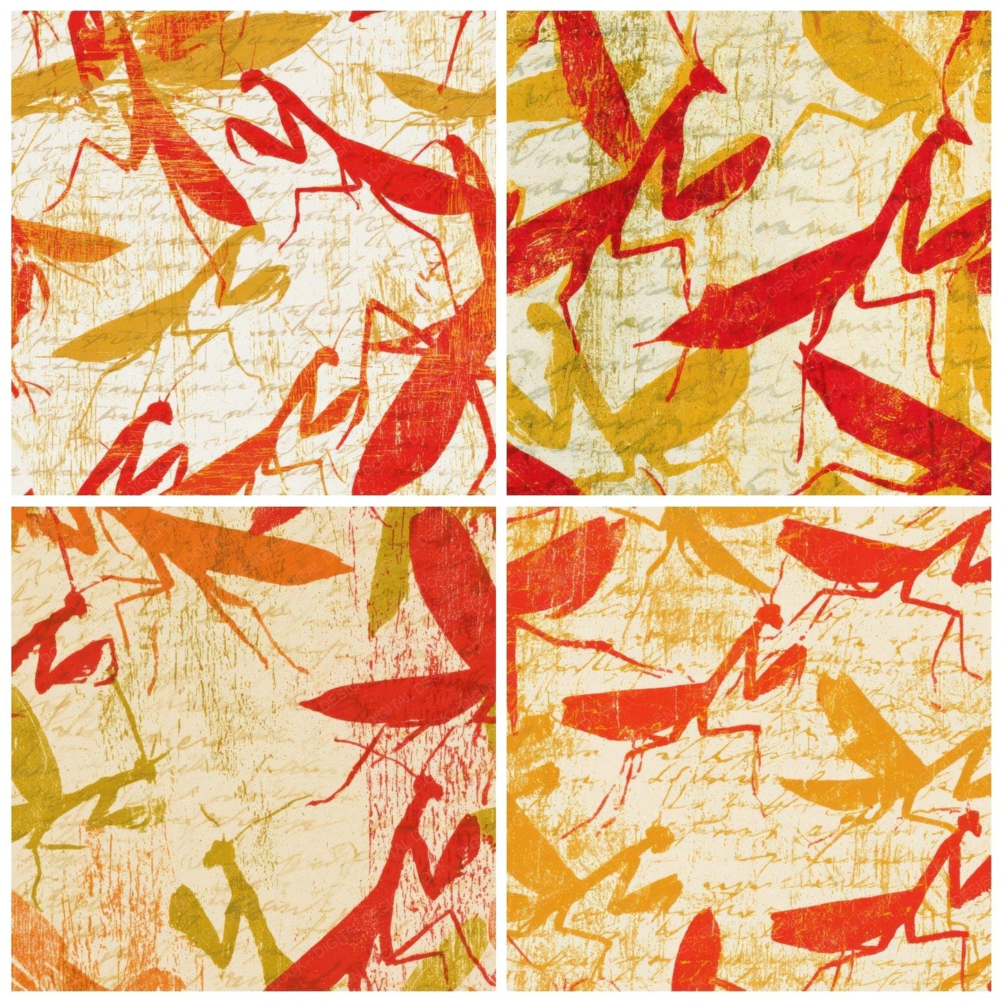 Woodcut Praying Mantis Lollipop Red Digital Paper Pack (DDD013339)