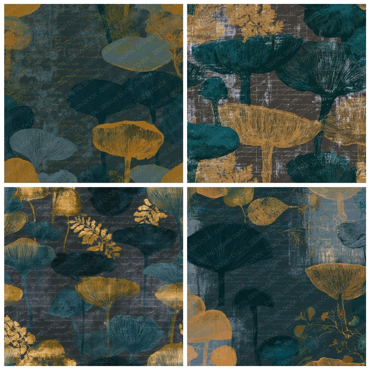 Minimal Fungi Teal Brass Digital Paper Pack (DDD013345)