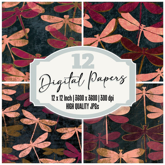 Screenprint Damselflies Blush Burgundy Digital Paper Pack (DDD013349)