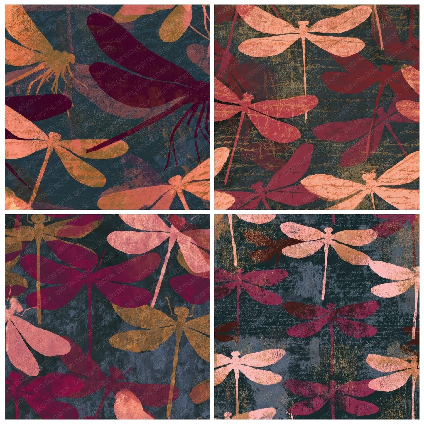 Screenprint Damselflies Blush Burgundy Digital Paper Pack (DDD013349)