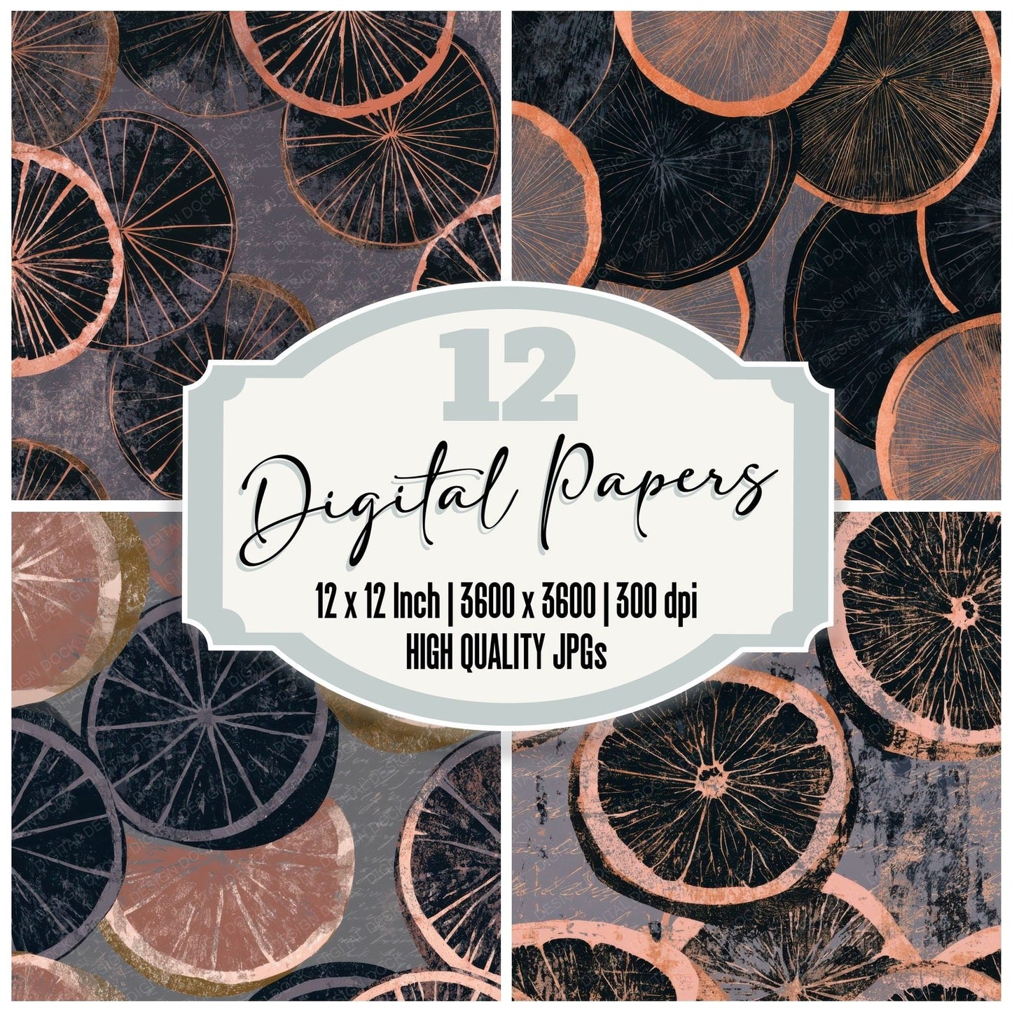 Woodblock Citrus Halves Dried Rose Digital Paper Pack (DDD013350)