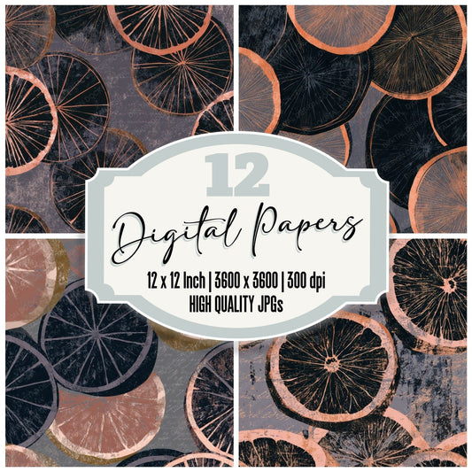 Woodblock Citrus Halves Dried Rose Digital Paper Pack (DDD013350)