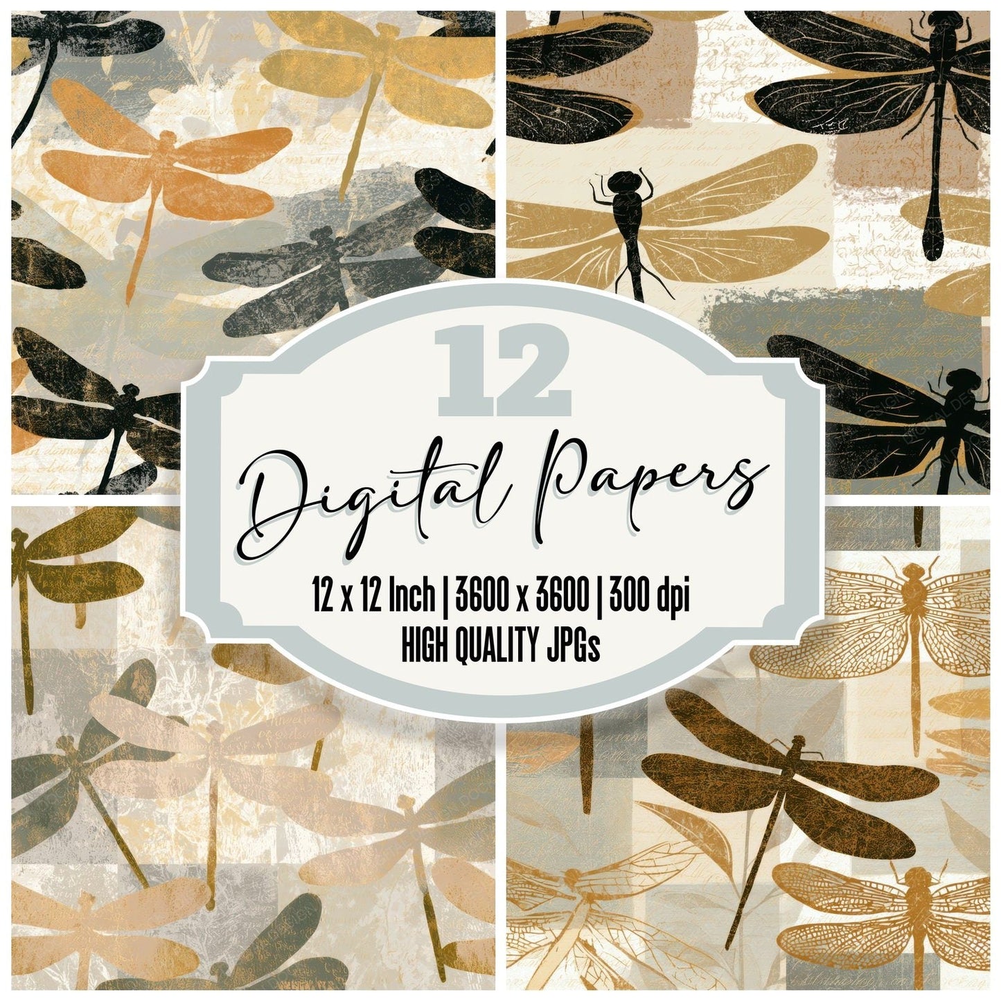Woodblock Dragonflies Oat Linen Pebble Digital Paper Pack (DDD013351)