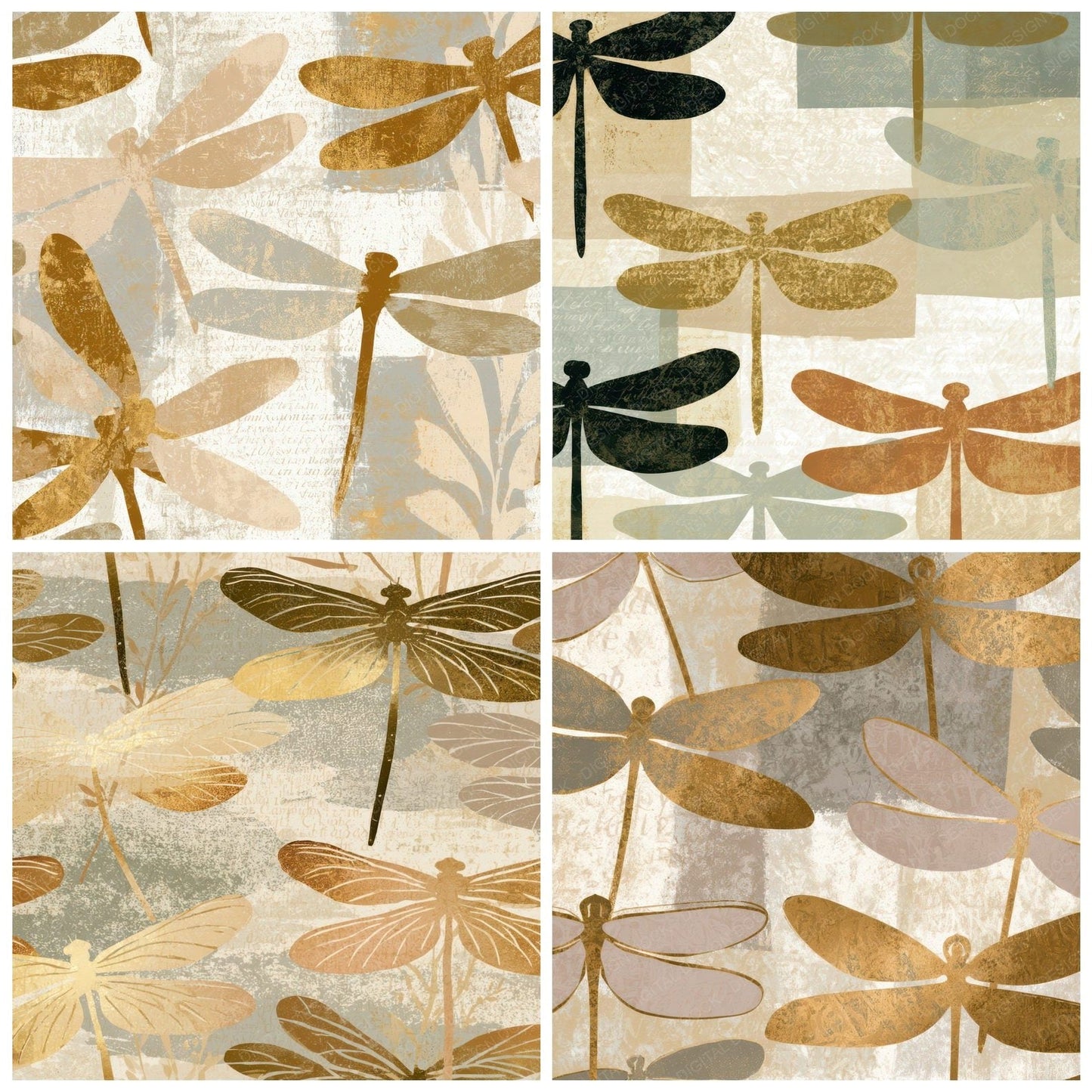 Woodblock Dragonflies Oat Linen Pebble Digital Paper Pack (DDD013351)