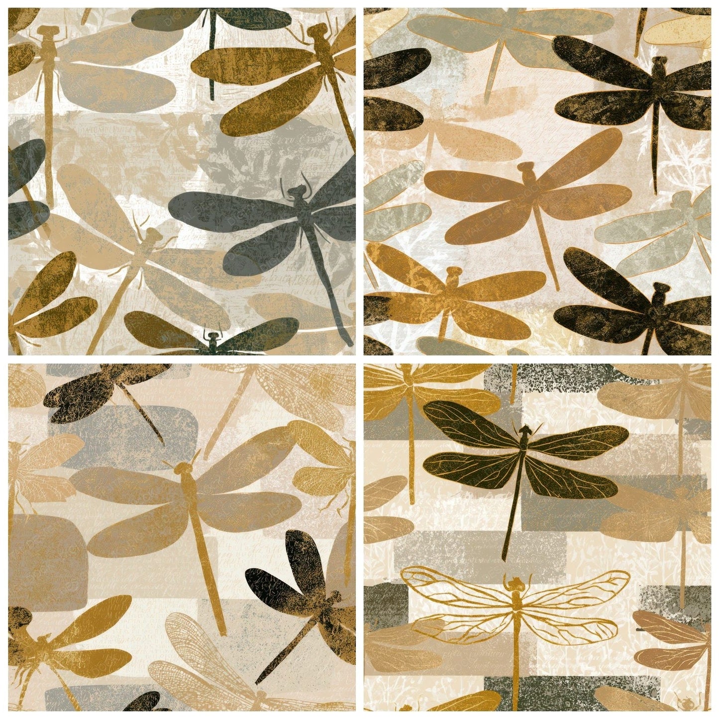 Woodblock Dragonflies Oat Linen Pebble Digital Paper Pack (DDD013351)