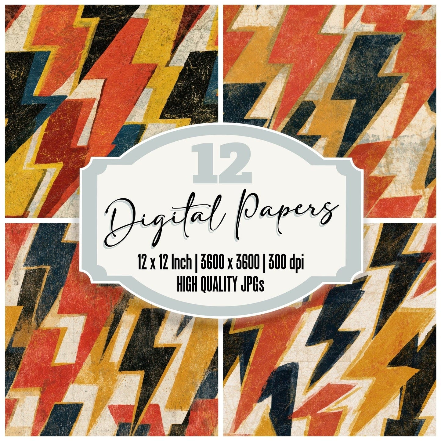 Woodblock Lightning Bolt Terracotta Mustard Digital Paper Pack (DDD013354)
