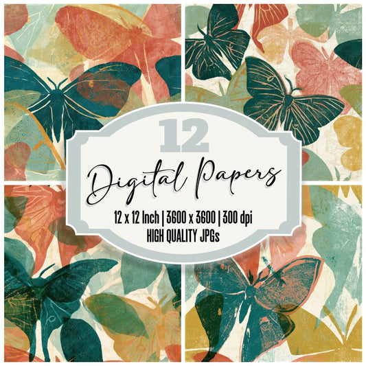 Woodblock Luna Moths Mint Strawberry Seamless Digital Paper Pack (DDD013355)