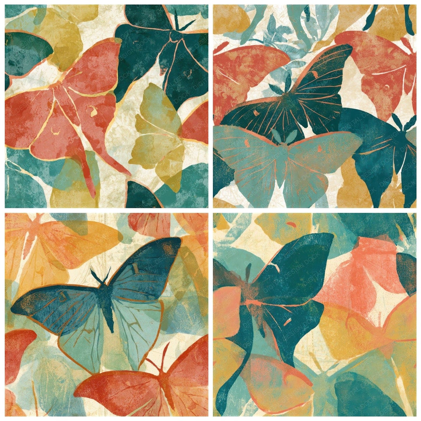 Woodblock Luna Moths Mint Strawberry Seamless Digital Paper Pack (DDD013355)