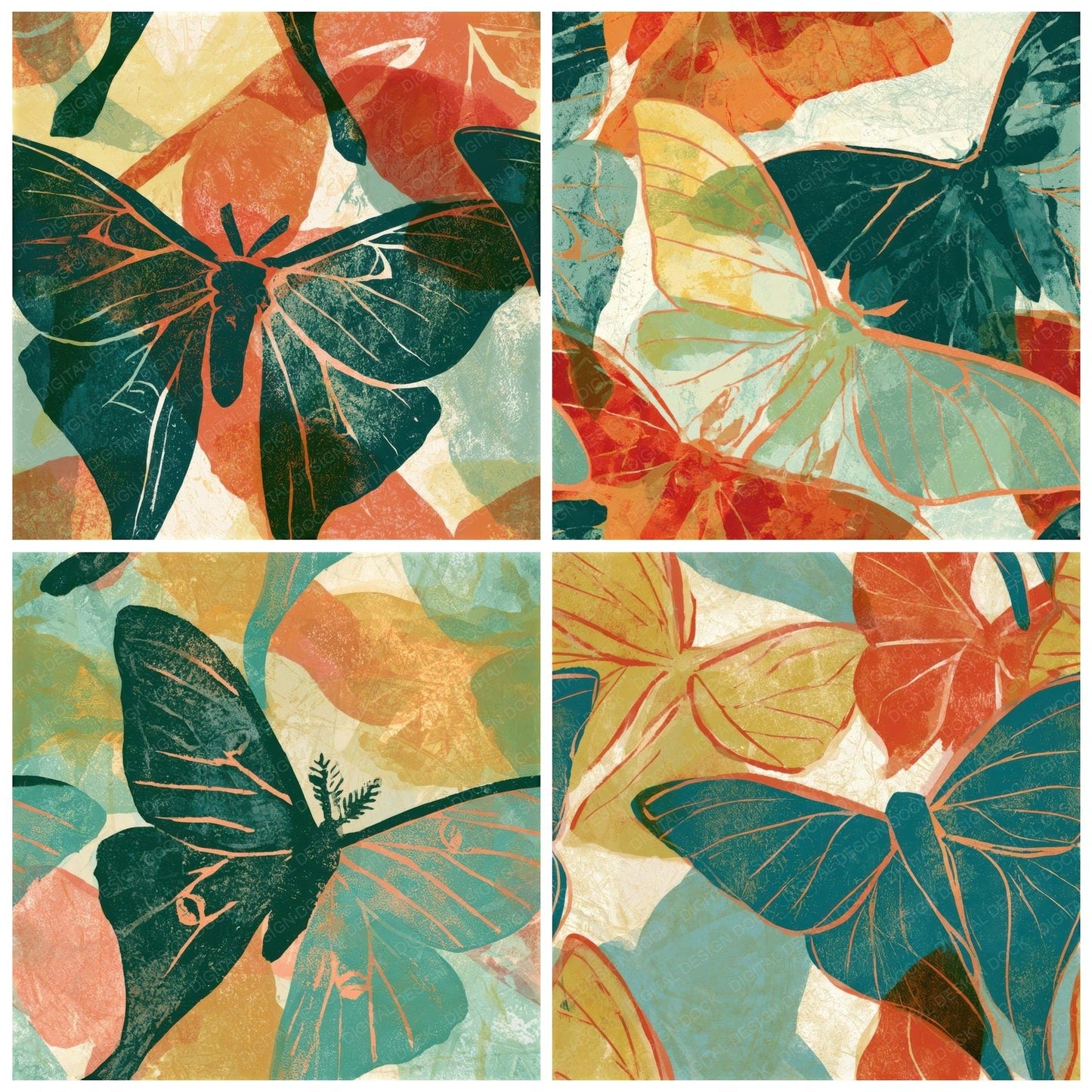 Woodblock Luna Moths Mint Strawberry Seamless Digital Paper Pack (DDD013355)