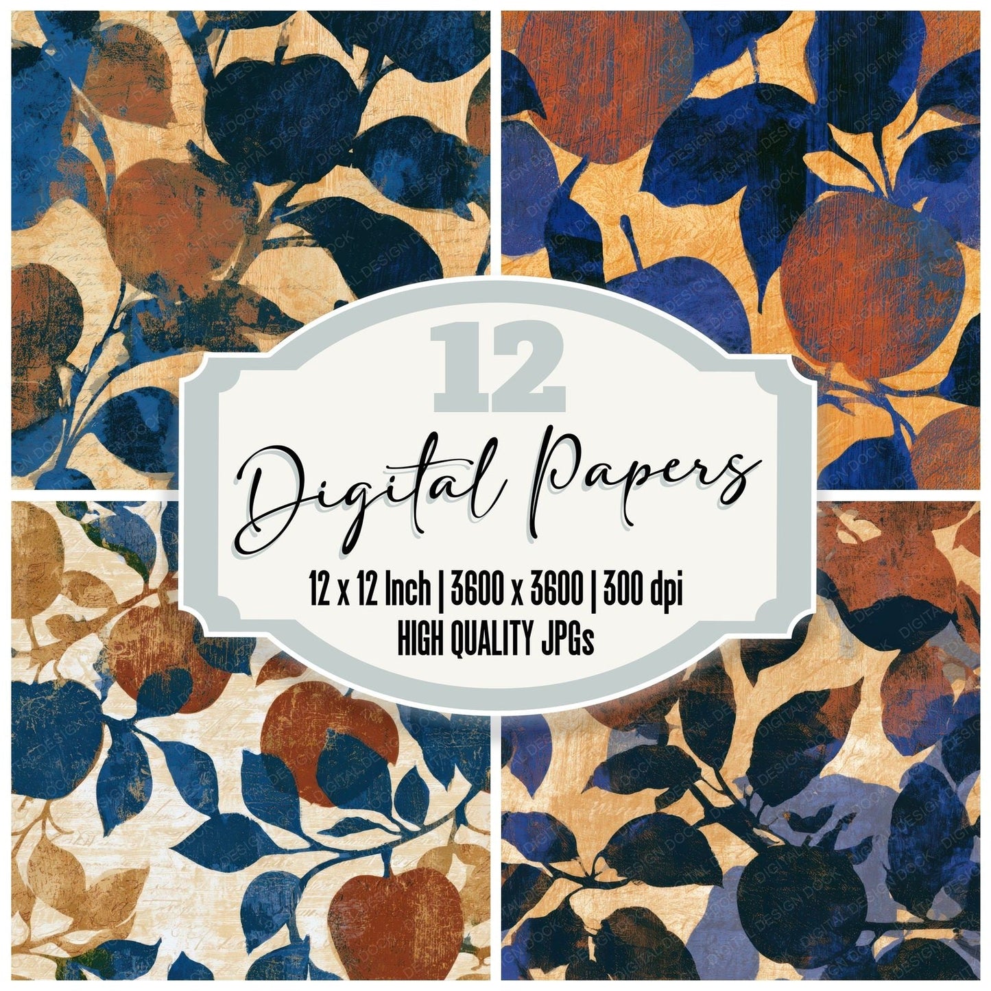 Woodcut Apple Sienna Indigo Digital Paper Pack (DDD013357)