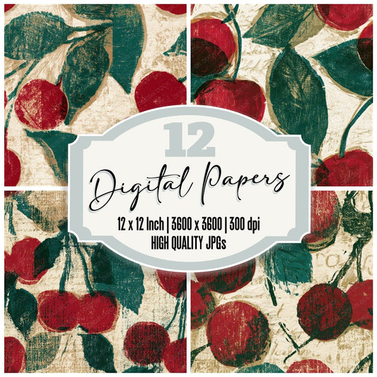 Woodcut Cherry Emerald Seamless Digital Paper Pack (DDD013358)