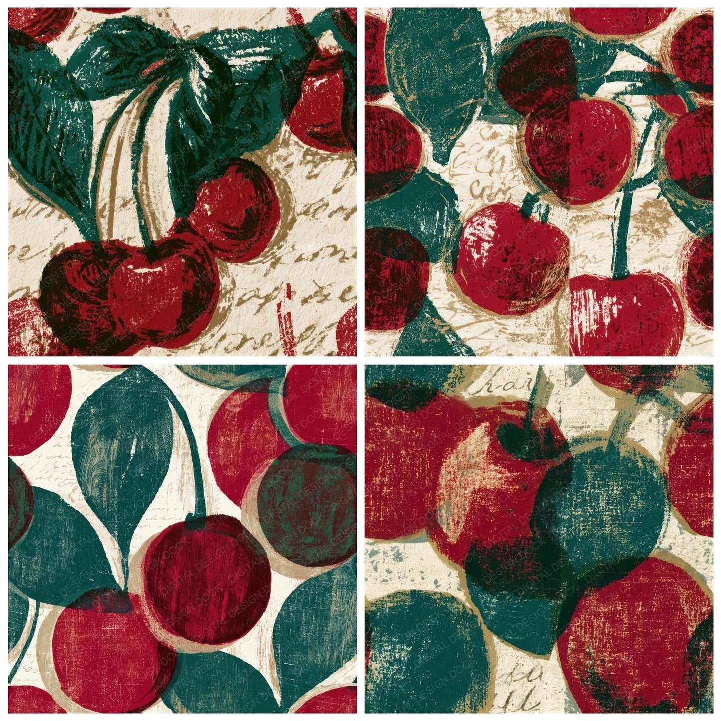 Woodcut Cherry Emerald Seamless Digital Paper Pack (DDD013358)