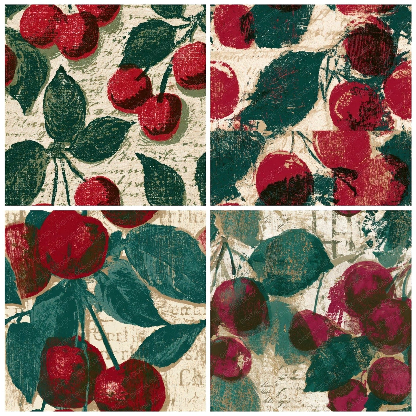 Woodcut Cherry Emerald Seamless Digital Paper Pack (DDD013358)