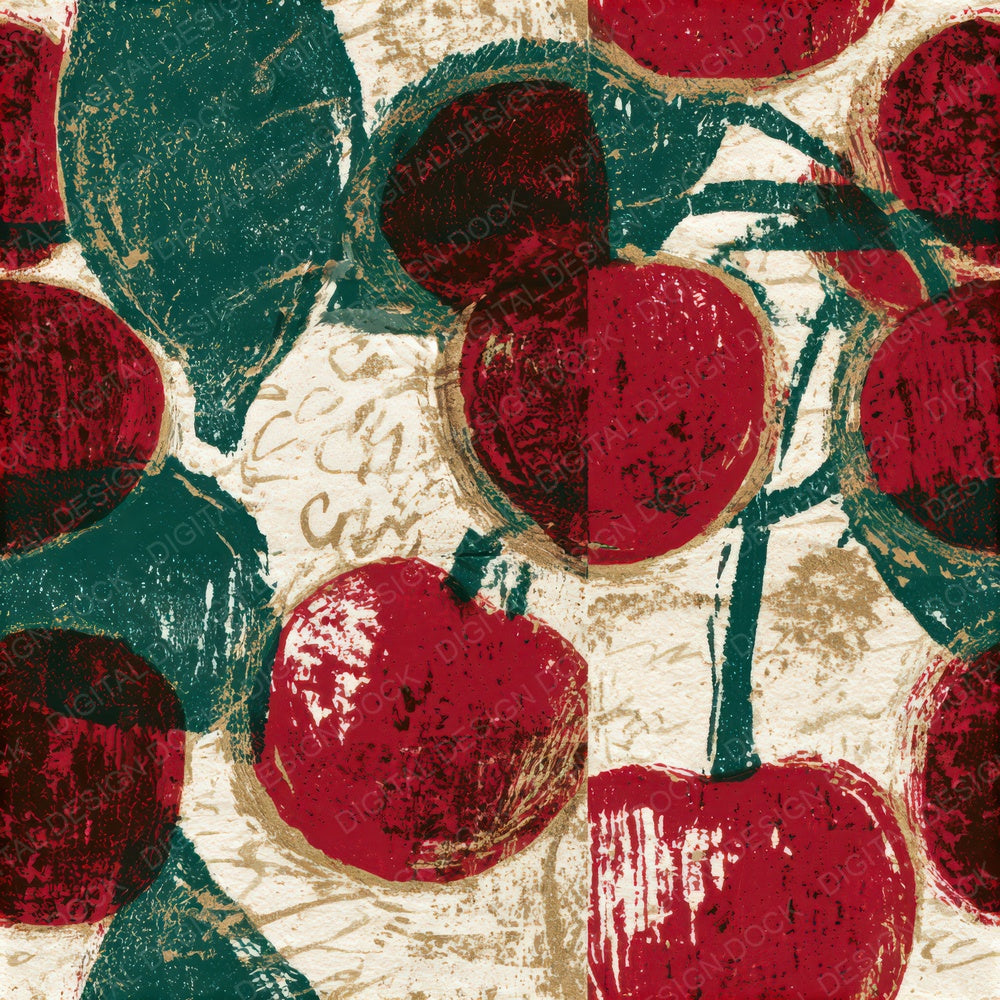 Woodcut Cherry Emerald Seamless Digital Paper Pack (DDD013358)