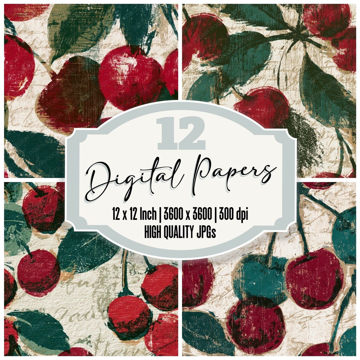 Woodcut Cherry Ruby Emerald Digital Paper Pack (DDD013359)