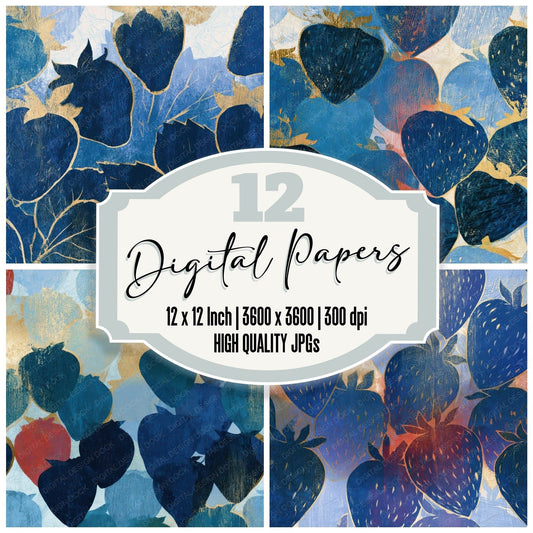 Woodcut Strawberries Navy Bone Digital Paper Pack (DDD013360)