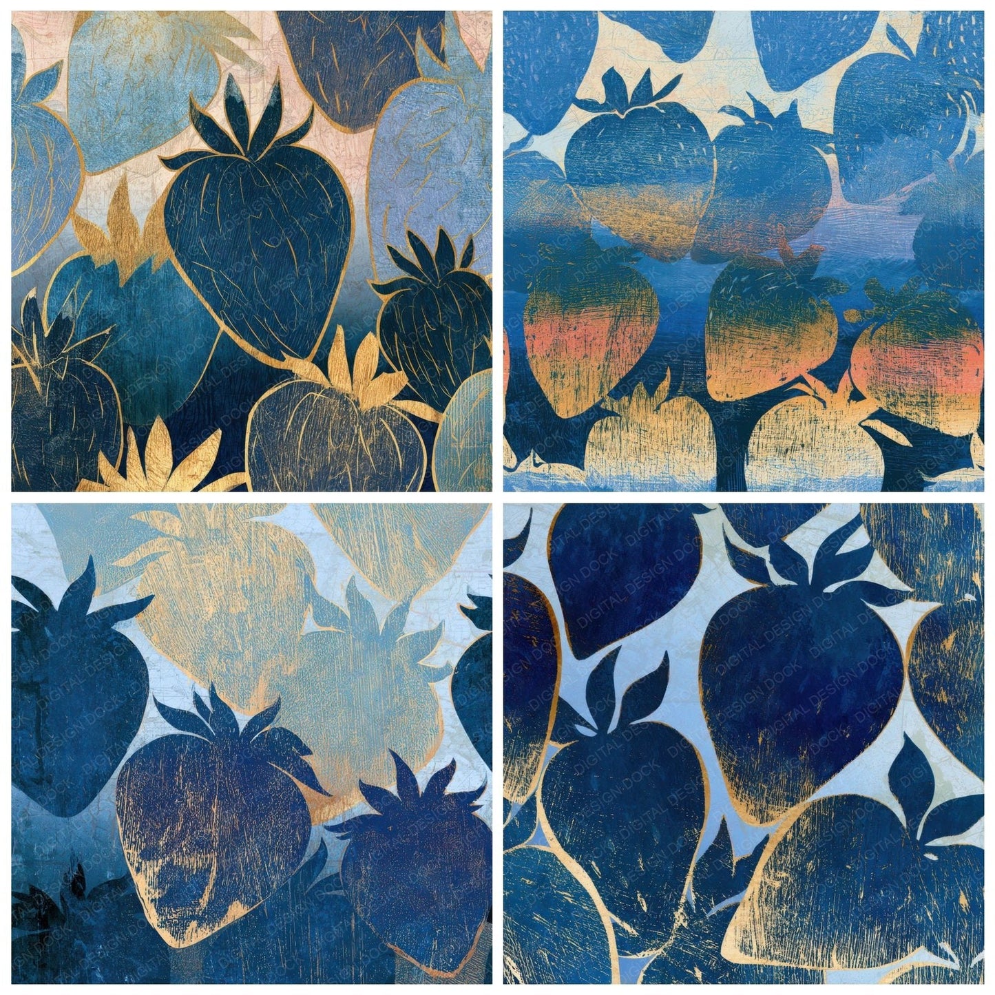 Woodcut Strawberries Navy Bone Digital Paper Pack (DDD013360)