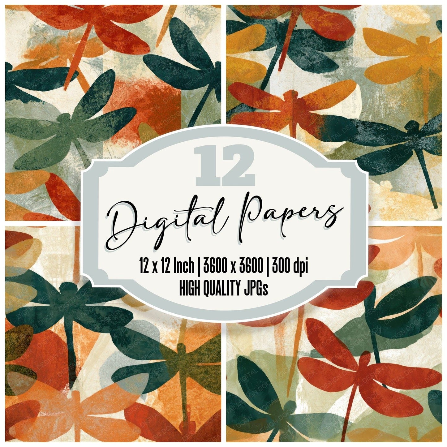 Monoprint Dragonflies Rust Moss Seamless Digital Paper Pack (DDD013368)