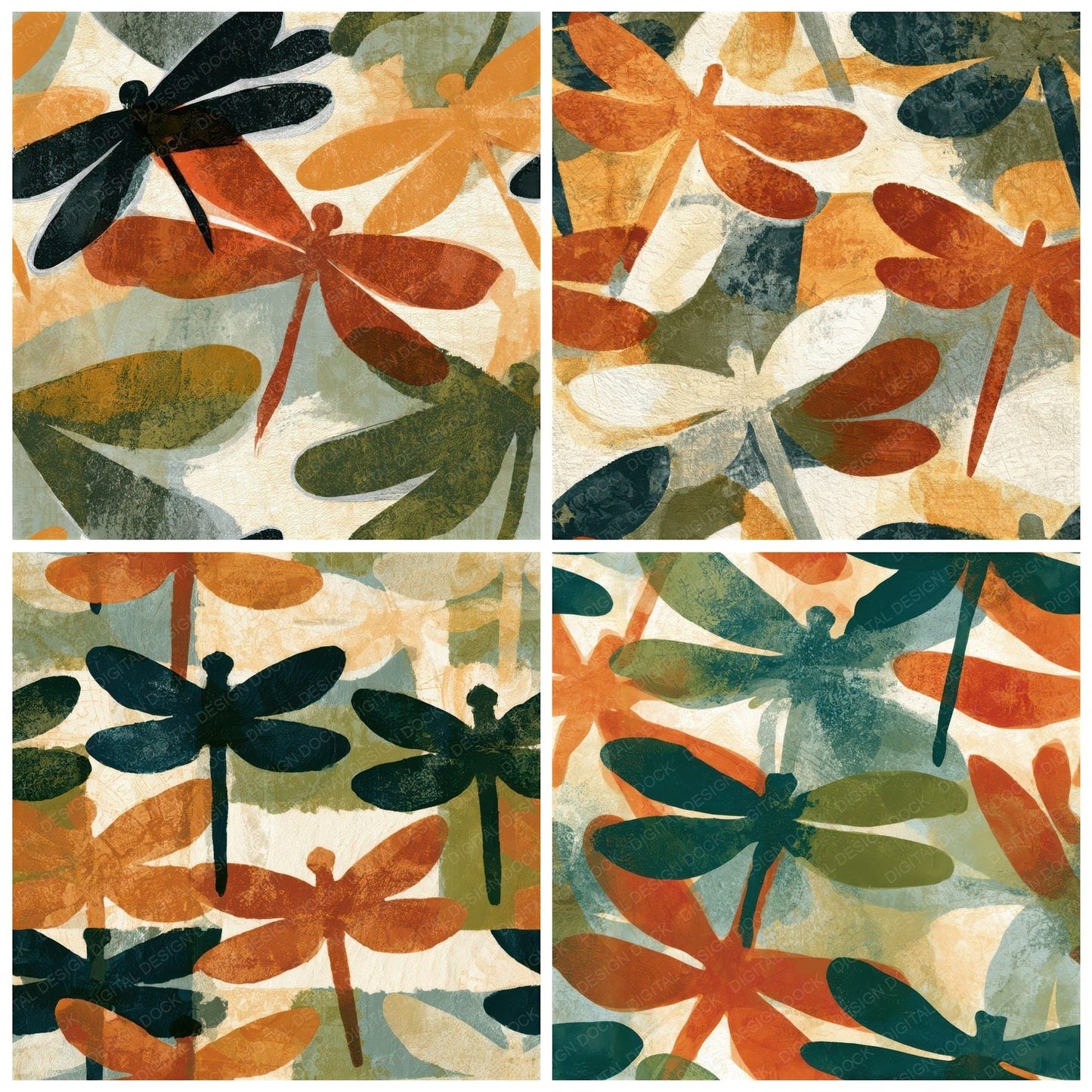 Monoprint Dragonflies Rust Moss Seamless Digital Paper Pack (DDD013368)