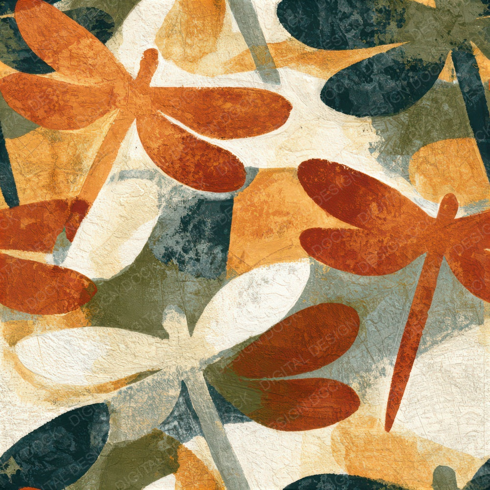 Monoprint Dragonflies Rust Moss Seamless Digital Paper Pack (DDD013368)