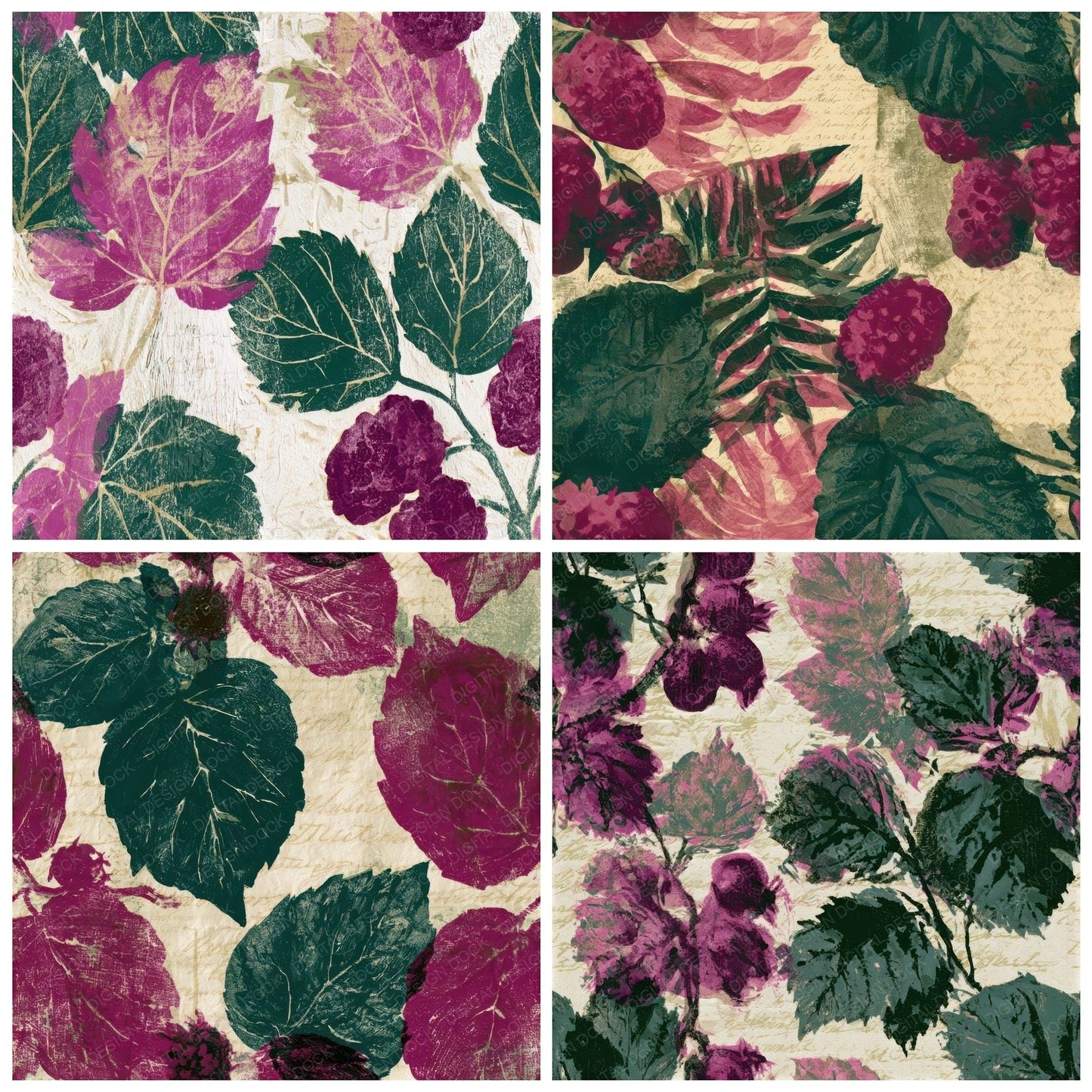 Monoprint Mulberries Magenta Jungle Green Seamless Digital Paper Pack (DDD013370)