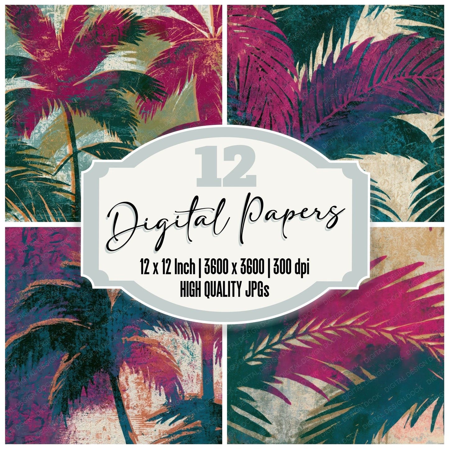 Monoprint Neon Palms Magenta Green Digital Paper Pack (DDD013371)