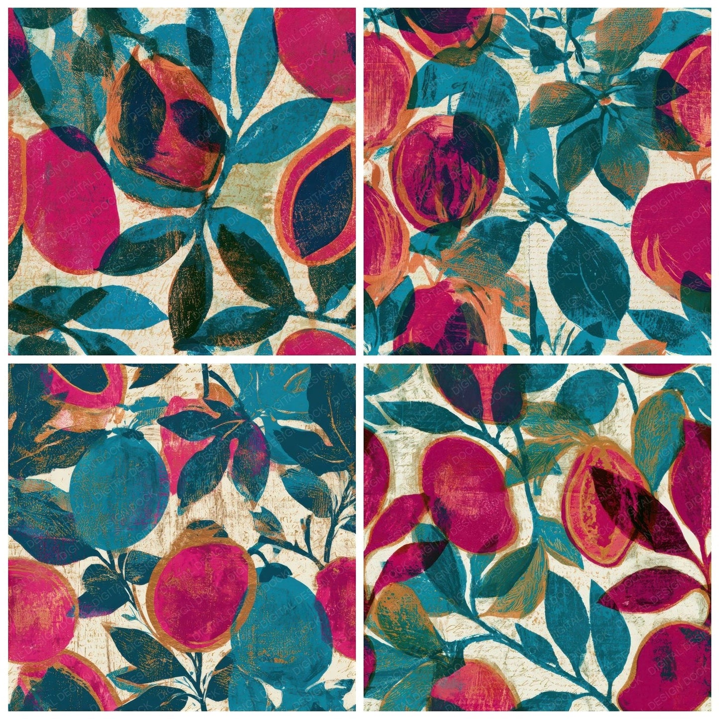 Monoprint Tropical Fruit Pink Turquoise Seamless Digital Paper Pack (DDD013372)