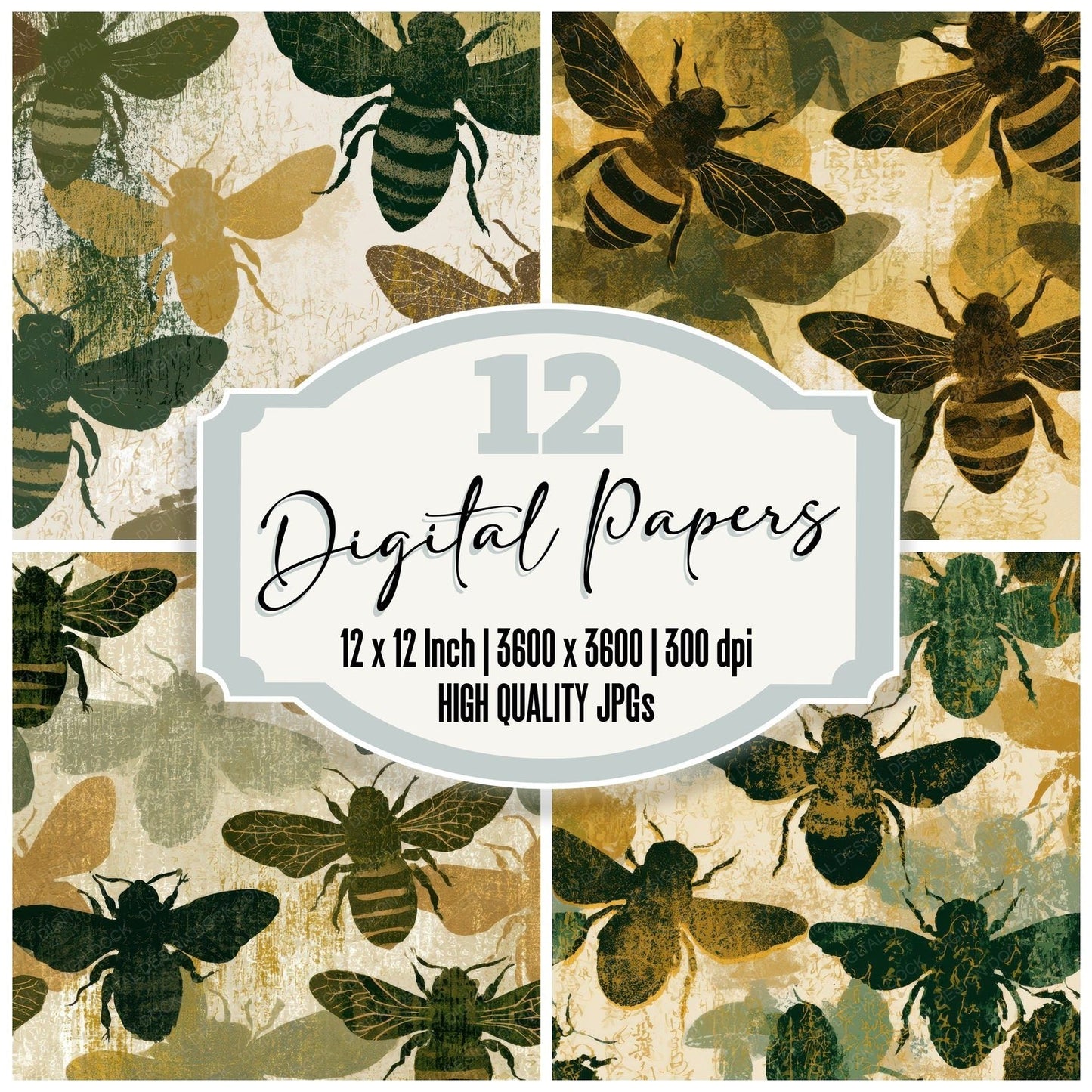Screenprint Bumblebees Moss Bark Digital Paper Pack (DDD013374)