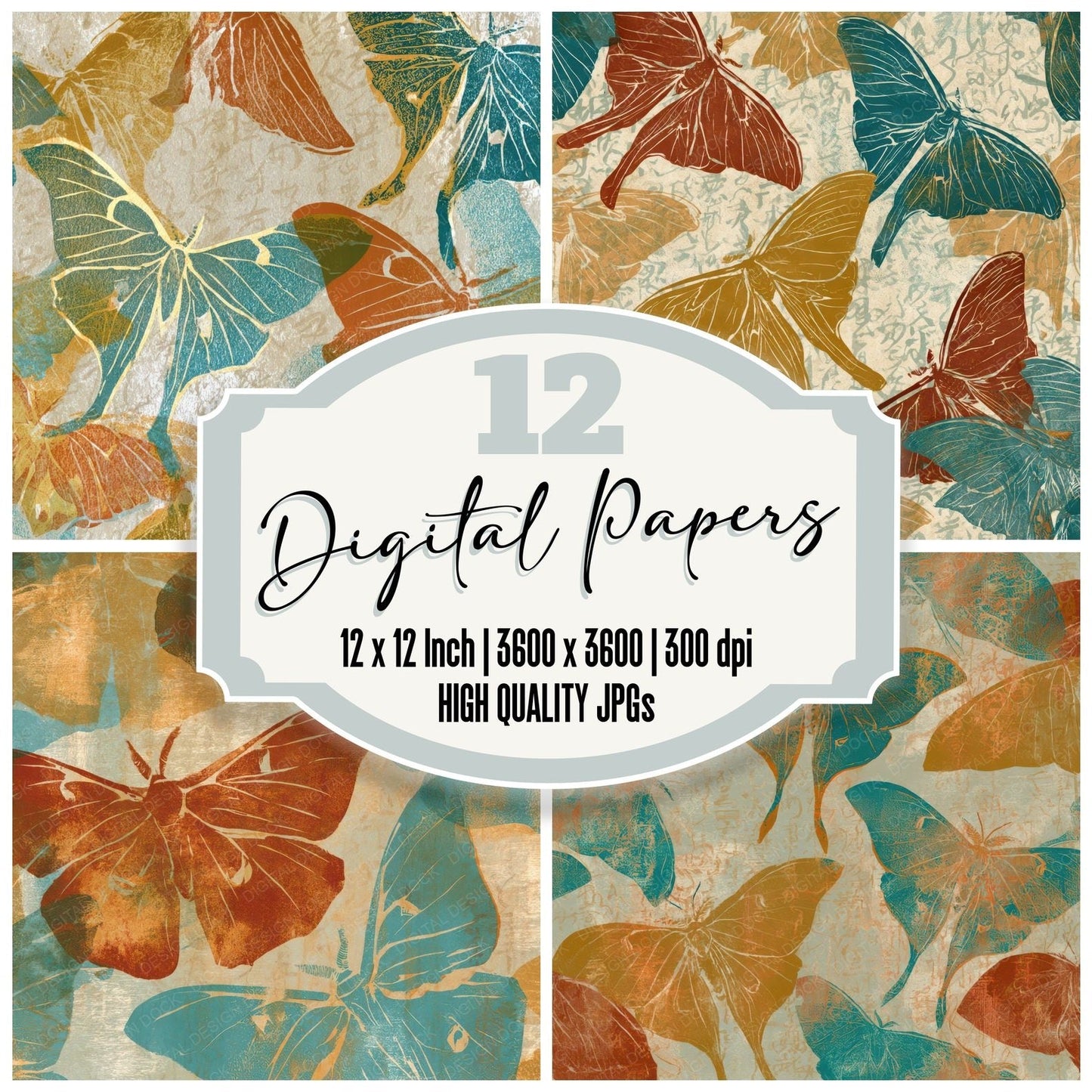 Woodblock Luna Moths Rust Turquoise Digital Paper Pack (DDD013376)