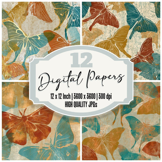 Woodblock Luna Moths Rust Turquoise Digital Paper Pack (DDD013376)