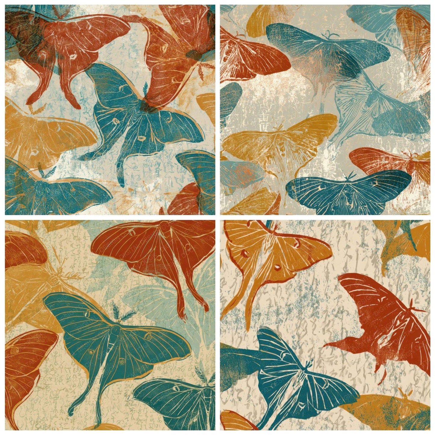 Woodblock Luna Moths Rust Turquoise Digital Paper Pack (DDD013376)