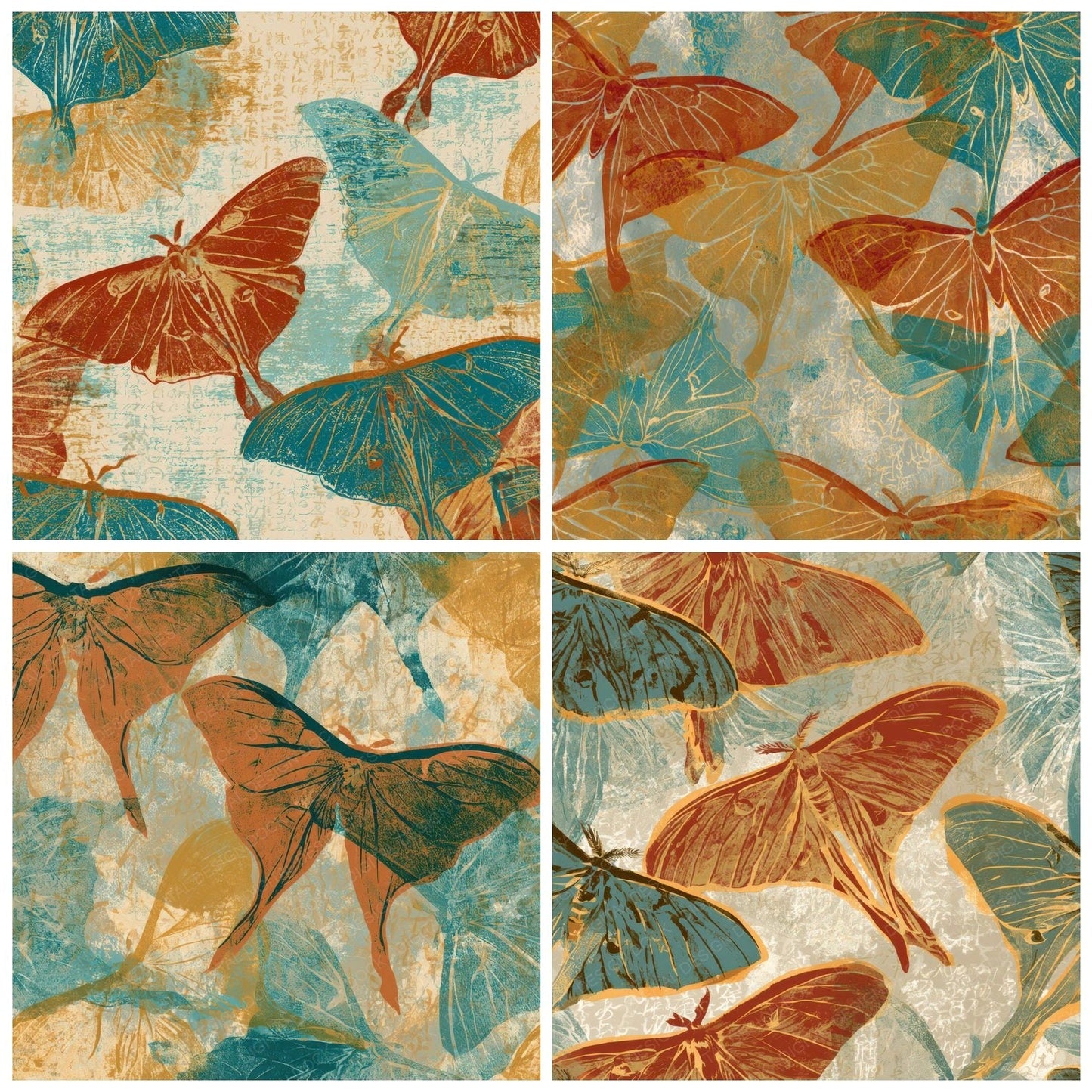 Woodblock Luna Moths Rust Turquoise Digital Paper Pack (DDD013376)