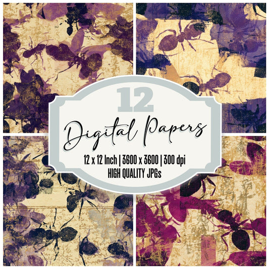 Woodcut Ants Plum Cream Seamless Digital Paper Pack (DDD013377)