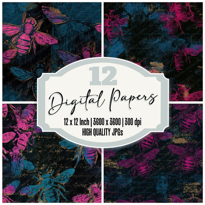 Woodcut Honey Bees Pink Cyan Seamless Digital Paper Pack (DDD013378)
