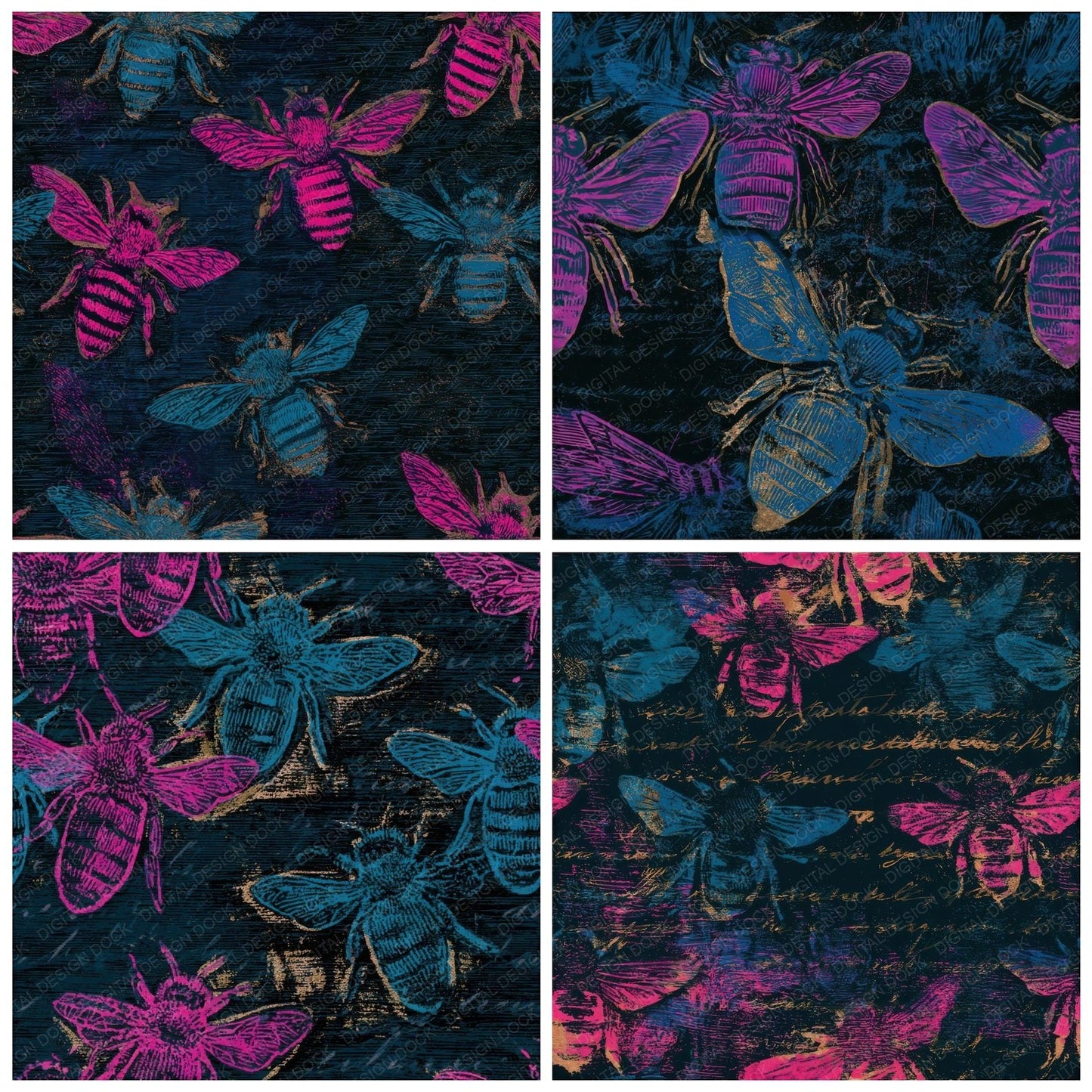 Woodcut Honey Bees Pink Cyan Seamless Digital Paper Pack (DDD013378)