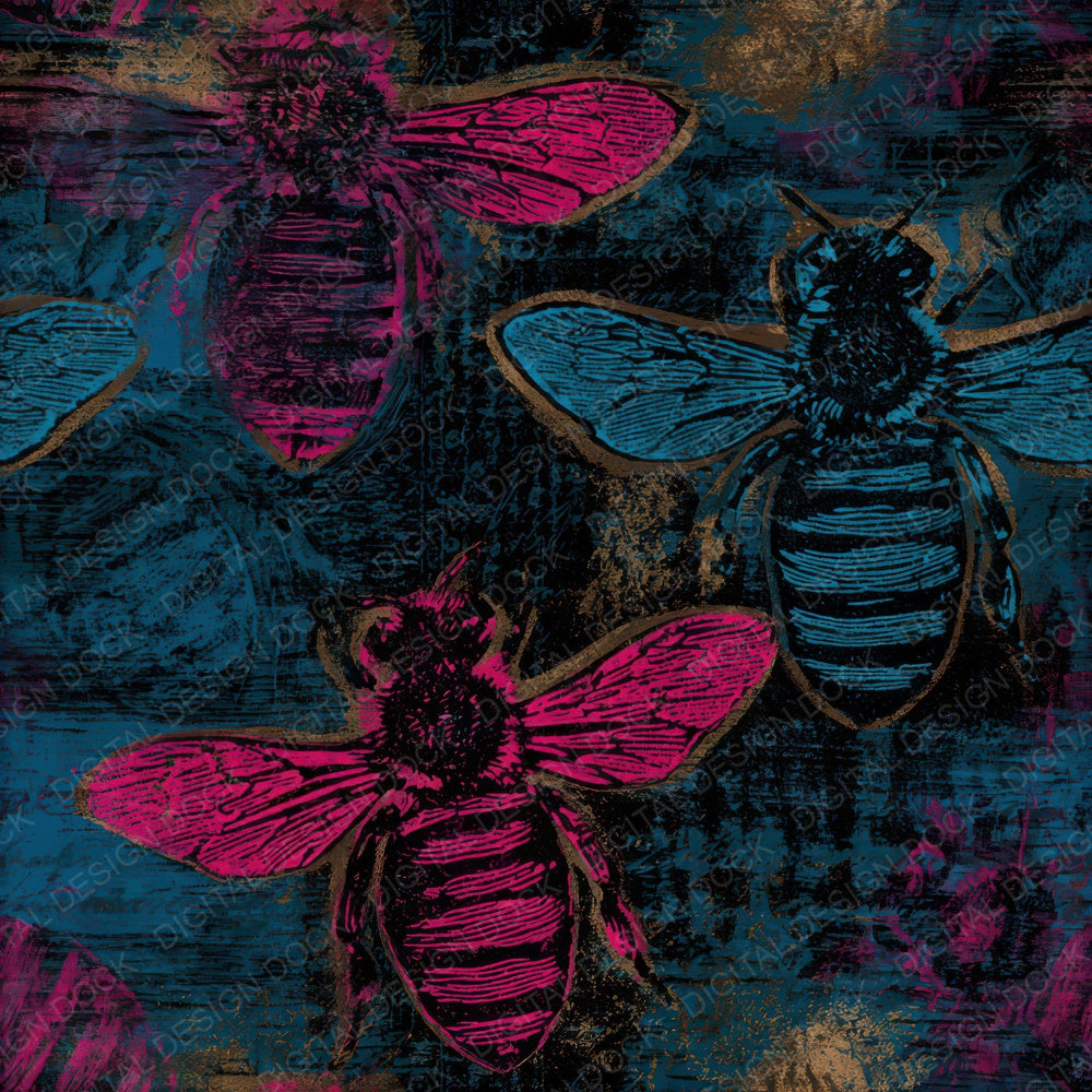 Woodcut Honey Bees Pink Cyan Seamless Digital Paper Pack (DDD013378)